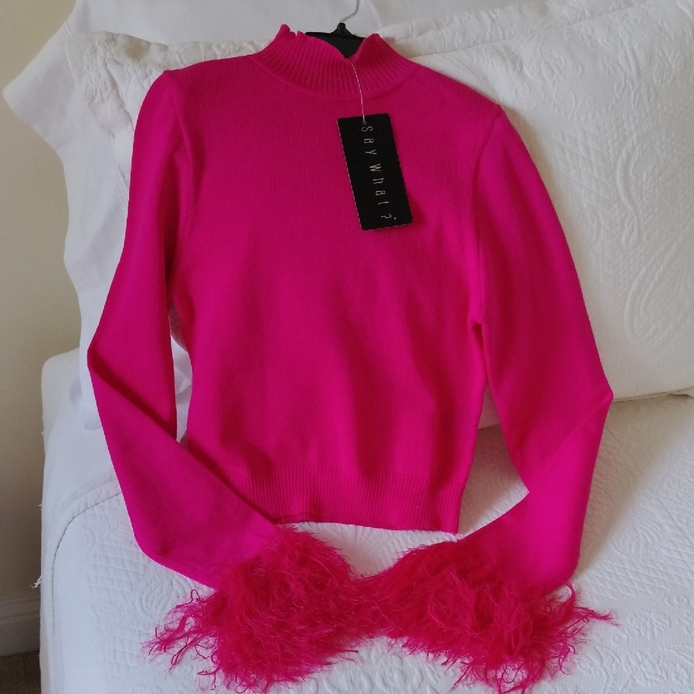 Say What? Pink Fringe Mock Neck Sweater